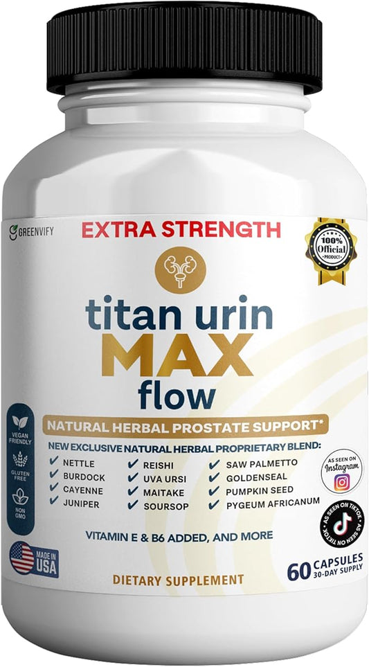 Titan Urin Max Flow Natural Prostate Supplement, 60 Capsules, Extra Strength Herbal Complex with Saw Palmetto, Vitamins E & B6 (1)