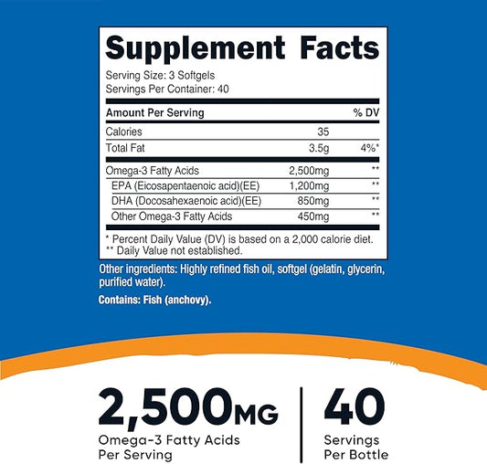 Nutricost Omega 3 Fish Oil - 2500MG, 120 Softgels (40 Serv) - Fish Oil, Wild Caught! 1200mg EPA 850mg DHA - Non-GMO, Gluten Free