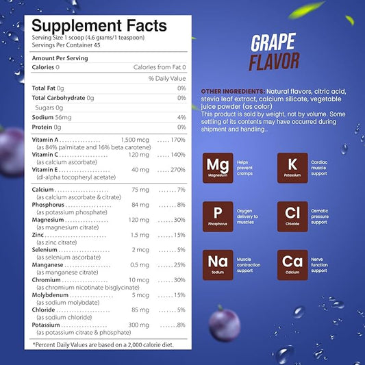 Electrolyte Powder - Refreshing Workout Recovery Electrolytes, Sugar Free, Gluten Free & Vegan, Pure Keto & Paleo Hydration Beverage, Immune Boosting Vitamins (198 Grams, Grape)