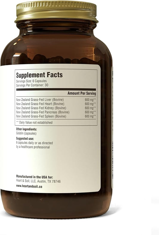 HEART & SOIL – 3000mg Grass-Fed Beef Organ Supplement for Women & Men with Liver, Heart, Kidney, Pancreas & Spleen for Full-Body Nutrition & Energy – Non-GMO, Allergen-Free – 180 Capsules