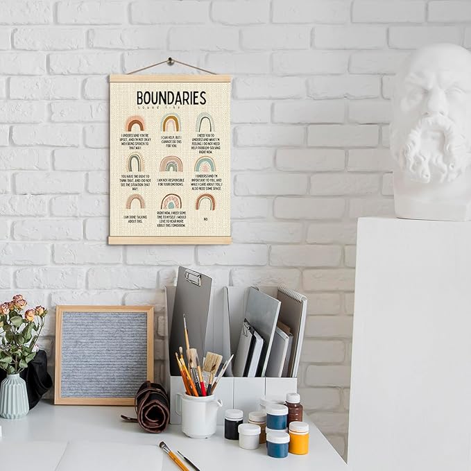 HKTZM Boundaries Sound Like Mental Health Poster Hanger Frame 12.5×17 Inch, Mental Health Boho Rainbow Hanging Wall Art Decor for Classroom School Counselor Office Calm Down Corner