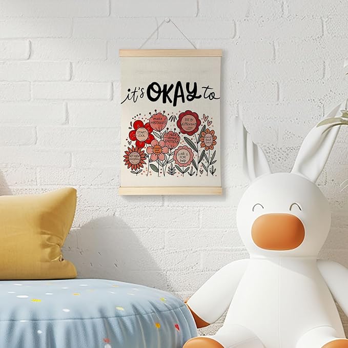 Nrleey It’s Okay to Inspirational Wall Decor with Wooden Poster Hanger - Therapy Office Decor, Boho Floral Mental Health Wall Art Posters for Counseling Therapist Office, 12x16 Inch