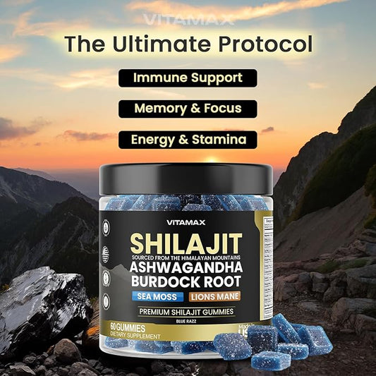 Organic Shilajit Gummies, Sea Moss, Ashwagandha, 105+ Trace Minerals – Organic Burdock Root & Lions Mane Mushroom - Blue Razz – Vegan & Non-GMO – Made in USA – 60ct