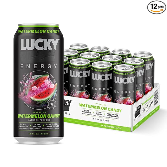 Lucky Energy Sugar Free Energy Drinks 16 Fl Oz Cans (12-Pack) Watermelon Candy with Maca, Ginseng, Taurine, Beta-Alanine, 200mg Caffeine
