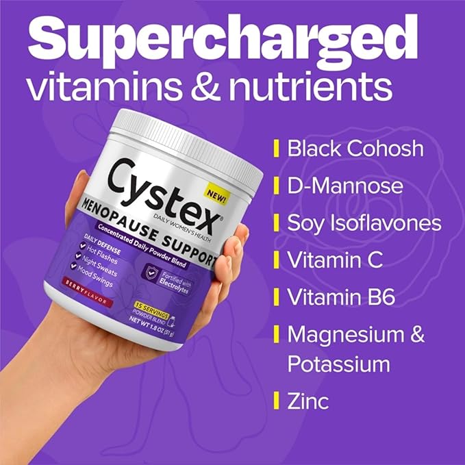 Cystex Menopause Support Powder – Daily Relief for Hot Flashes, Night Sweats & Mood Swings – Clinically Studied Ingredients – Electrolyte-Enhanced, Berry Flavor, (15 Servings)