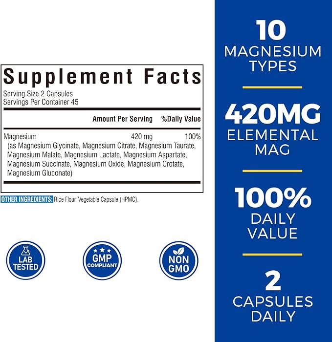 10 in 1 Magnesium Complex, 420mg Elemental Magnesium | Ultra Strength, Max Absorption | Chelated Magnesium Supplement for Sleep, Nerves & Heart Health | Non-GMO, 90 Vegan Capsules