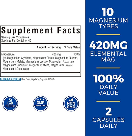 10 in 1 Magnesium Complex, 420mg Elemental Magnesium | Ultra Strength, Max Absorption | Chelated Magnesium Supplement for Sleep, Nerves & Heart Health | Non-GMO, 90 Vegan Capsules