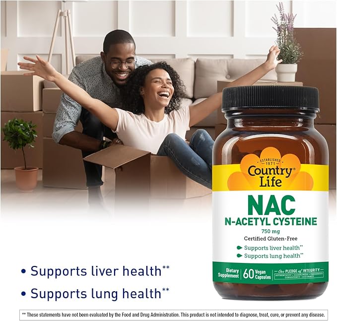 Country Life N-Acetyl Cysteine (NAC) 750 mg – Premium Liver Support and Lung Health Supplement – Powerful Antioxidant Protection, Liver Detox & Cleanse, Immune Support, 60 Vegetarian Capsules