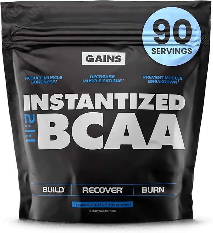 Gains in Bulk BCAA Powder, Pre Workout Plant Based Branch Chain Amino Acids, Gluten Free, Vegan Supplement with Keratin for Endurance & Strength During & Post Workout, Unflavored, 90 Servings