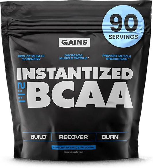 Gains in Bulk BCAA Powder, Pre Workout Plant Based Branch Chain Amino Acids, Gluten Free, Vegan Supplement with Keratin for Endurance & Strength During & Post Workout, Unflavored, 90 Servings