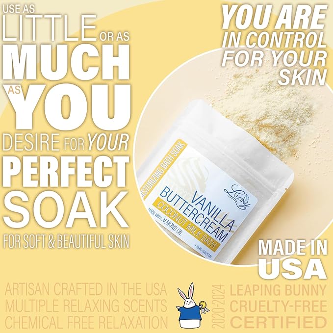 Vegan Milk Bath Soak Made with Moisturizing Coconut Milk Powder & Sweet Almond Oil for a Bath Bomb Dust Soothing Fizz & Relaxing Soak, 8 oz. (Vanilla Buttercream)