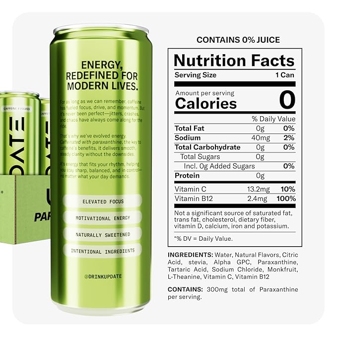 Drink Update Energy Drink with Paraxanthine - Jitter Free, Crash Free, No Overstimulation, No Withdrawal - Caffeine and Sugar Free (Lime, 12 Pack)