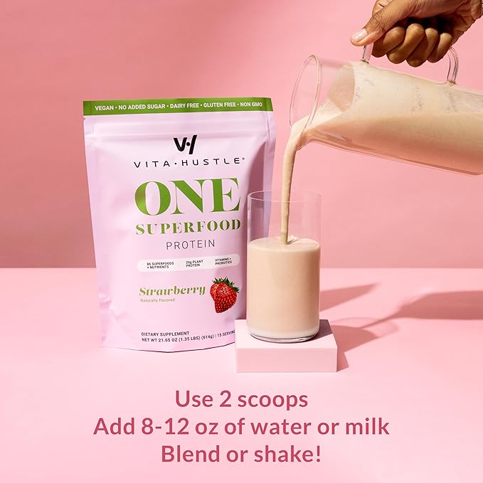 VitaHustle ONE Meal Replacement Shake - Plant Based Protein Powder by Kevin Hart - Vegan, Meal Replacement Powder with Superfoods, Vitamins, Adaptogens & Probiotics - Strawberry Flavor, 30 Servings