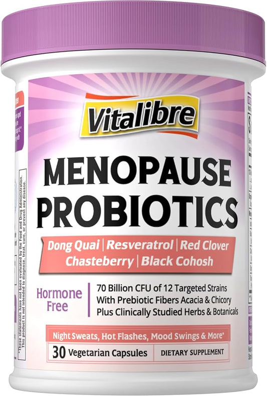 Menopause Probiotics for Women 70 Billion CFU, 12 Targeted Strains, Organic Prebiotics, Black Cohosh Resveratrol Red Clover Chasteberry Dong Quai, Hot Flash Night Sweat+, No Estrogen, 30 Ct