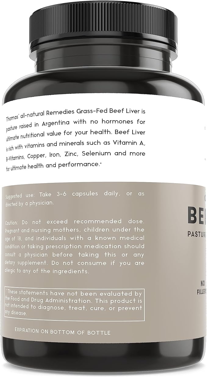 Thomas' all-natural Remedies Grassfed Beef Liver Supplement, 3000mg Liver Support Supplement, Pasture Raised in Argentina, Non-GMO & Hormone Free (180 Caps)