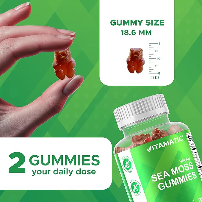 Vitamatic Irish Sea Moss Gummies – 3000mg Equivalent Per Serving (from Extract 132.5mg) – 60 Ct Made with Bladderwrack & Burdock Root – Seamoss Supplement for Thyroid, Energy & Immune Support