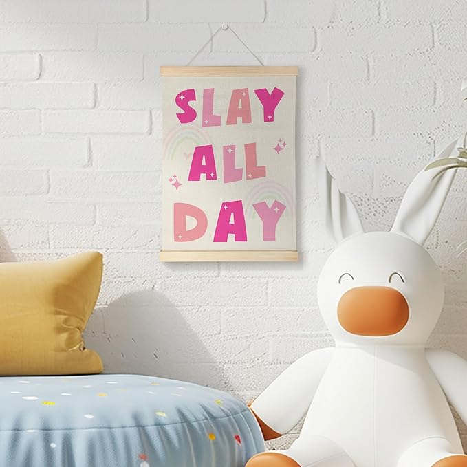 Nrleey Funny Slay All Day Wall Decor with Wooden Poster Hanger - Girly Room Decor Aesthetic, Trendy Pink Preppy Wall Art Posters for Girls Room Dorm Bedroom Apartment, 12x16 Inch