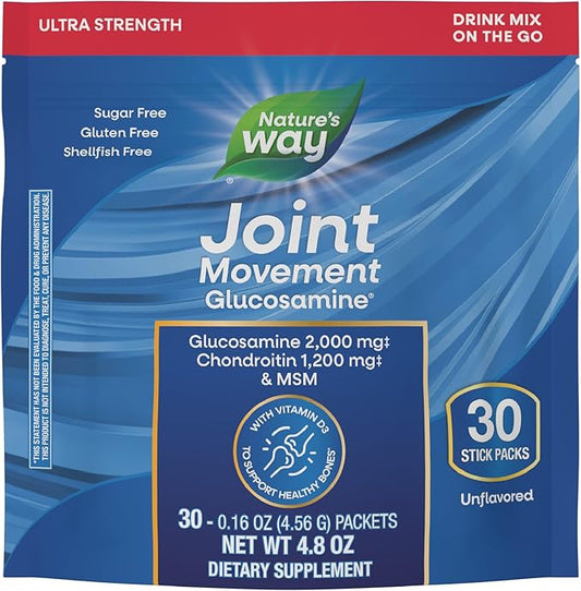 Nature’s Way Joint Movement Glucosamine Drink Mix, Ultra Strength Glucosamine, MSM, Hyaluronic Acid, Vitamin D3, Supports Bones, Muscles, Cartilage*, No Sugar, No Shellfish, 30 Unflavored Packets
