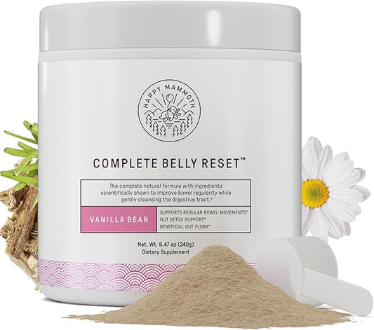 Happy Mammoth Complete Belly Reset Digestive Health Supplement Powder for Men & Women, Supports Gut Health, Reduces Bloating & Gas, Promotes Bowel Regularity, 24 Servings Vanilla Flavor