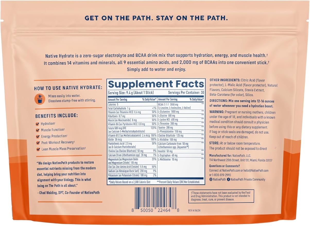 NativePath Native Hydrate Stick Packs, Sugar Free Electrolytes Powder with BCAAs, Peach Mango Hydration, Keto & Paleo Friendly, 30 Servings