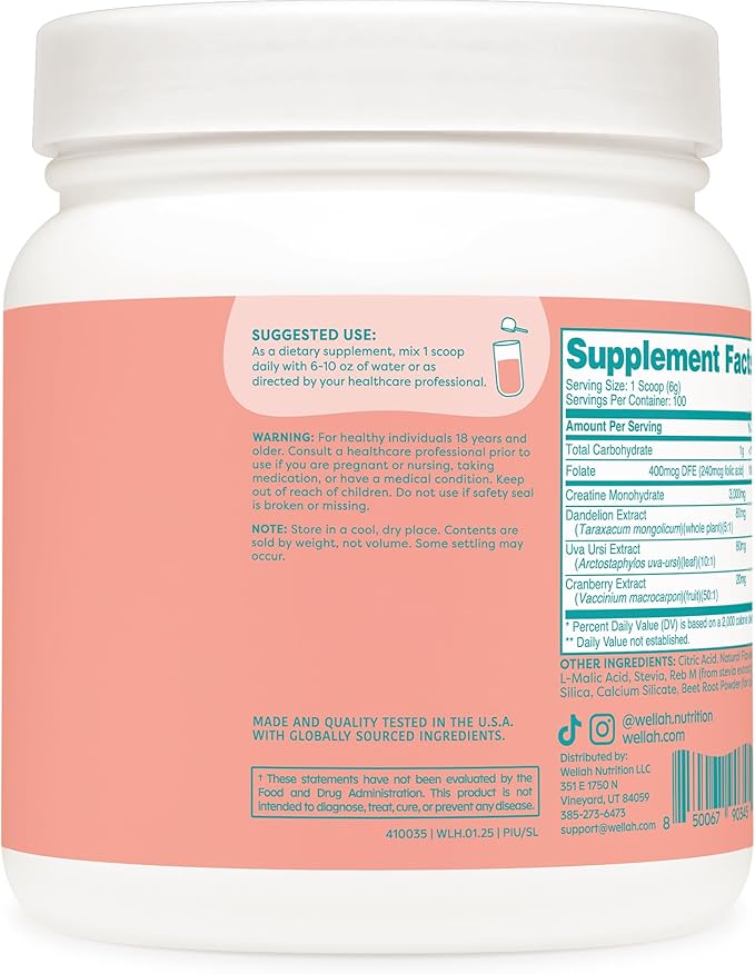 Wellah Pump-It-Up Creatine (100 Servings, Strawberry Lemonade) - Creatine Monohydrate with Dandelion, Uva Ursi, & Cranberry Extract