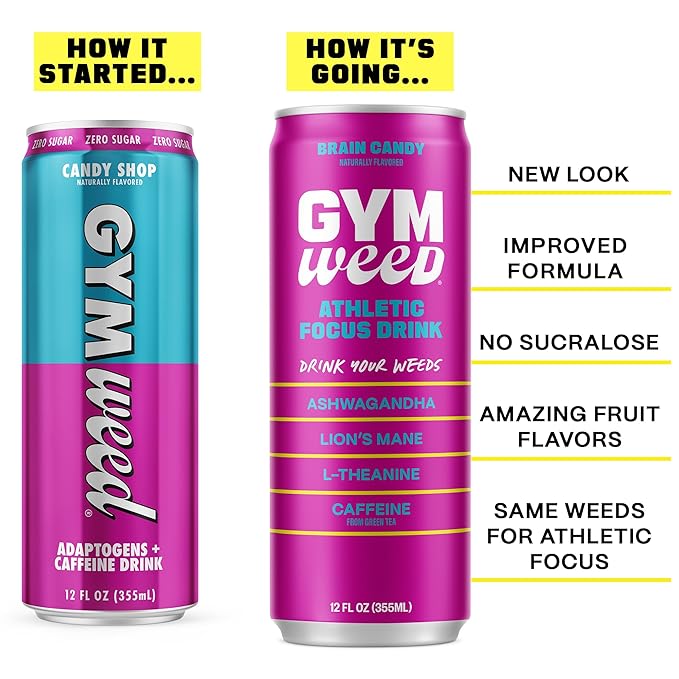 GYM WEED Athletic Focus Drink with KSM-66 Ashwagandha, Lion's Mane Mushroom, L-Theanine, 200mg Green Tea Caffeine with Natural Sweeteners Brain Candy Flavor, 12 Pack