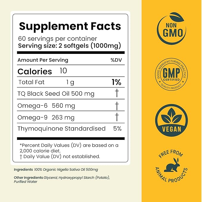 Black Seed Oil Organic Cold Pressed Capsules 120 Softgels - Nigella Sativa Black Cumin Seed Oil, 5% Thymoquinone, Vegan Omega 3 6 9, for Adult Immune and Brain Support Organic Cold Pressed Supplement