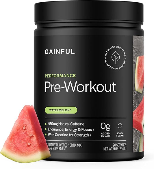 Gainful Performance Pre Workout Powder with Natural Caffeine & Creatine, Watermelon Flavor, Supports Energy, Strength, Endurance, & Recovery with BCAAs, Beta Alanine, L-Citrulline, 20 Servings