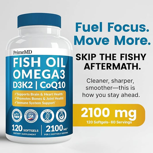 4-in-1 Fish Oil Omega 3 Fatty Supplements (2100mg) - Omega 3 Fish Oil with Vitamins D3 K2 and CoQ10 - Lemon Flavored (120 softgels, Pack of 3)