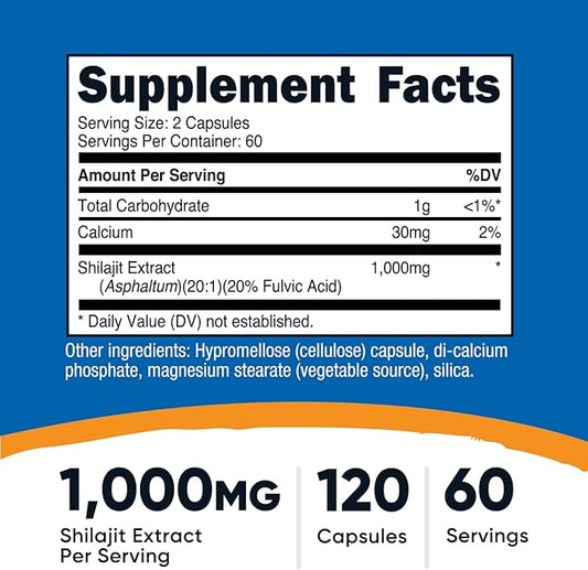Nutricost Shilajit Capsules (1,000 mg Per Serving) (120 Capsules) - Shilajit Extract with Naturally Occuring Fulvic Acid, 60 Servings, Gluten Free, Non-GMO, Vegan Friendly Dietary Supplement