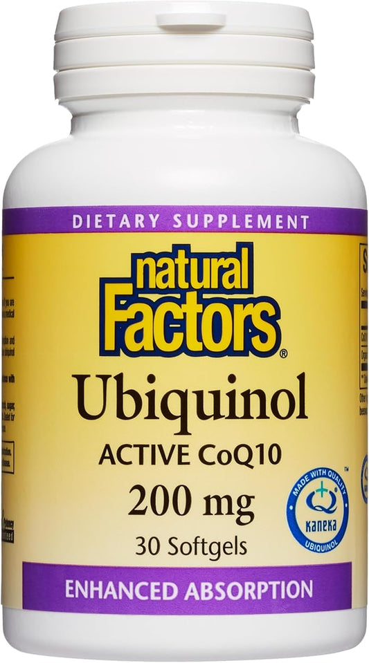 Natural Factors Ubiquinol Active CoQ10 200 mg, High-Absorption Coenzyme Q10 Supplement for Energy, Heart and Cognitive Support, 100mg, 30 Softgels