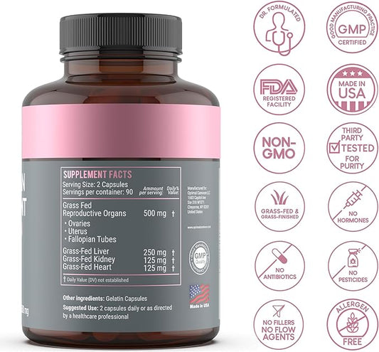 Beef Organ Supplement for Women, Primal & Ancestral Organ Meat Supplements with Uterus & Liver for Hormone Balance & Energy - 90 Day Supply