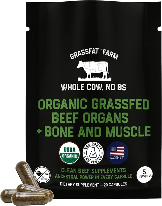 Grassfat USDA Certified Organic 100% Grassfed Cows Beef Organs Supplement + Cow Bone & Muscle and Tallow - Whole Cow, No BS with Nothing Added - Made in The USA - Premium Blend - Trial Size