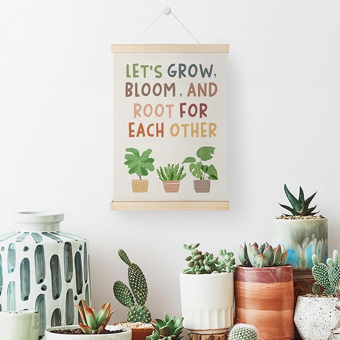 Nrleey Positive Affirmations Wall Decor with Wooden Poster Hanger - Boho Classroom Decor, Lets Grow Bloom Motivational Wall Art Posters for Classroom Playroom Homeschool, 12x16 Inch