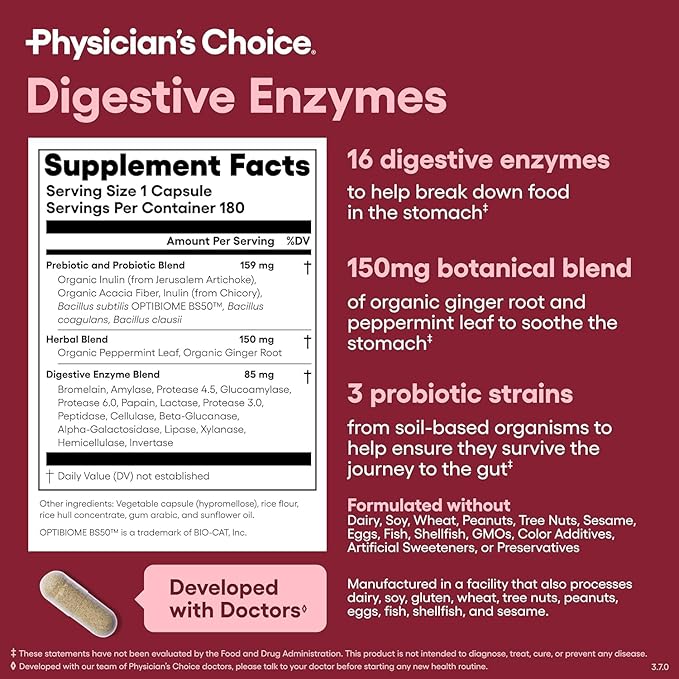 Physician's CHOICE Advanced Gut Health Bundle: 60 Billion Probiotics 60ct + Digestive Enzymes 180ct for Digestive, Gut, and Immune Health Supports Occasional Constipation, Diarrhea, Gas, and Bloating