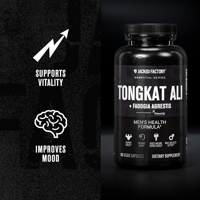 Jacked Factory Indonesian Tongkat Ali + Fadogia Agrestis - 200:1 Extract Longjack Tongkat Ali for Men with Fadogia Agrestis 600mg & Primavie Shilajit to Support Vitality, Energy, & Mood - 60 Capsules