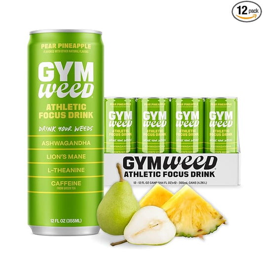GYM WEED Athletic Focus Drink with KSM-66 Ashwagandha, Lion's Mane Mushroom, L-Theanine, 200mg Green Tea Caffeine with Natural Sweeteners Pear Pineapple Flavor, 12 Pack