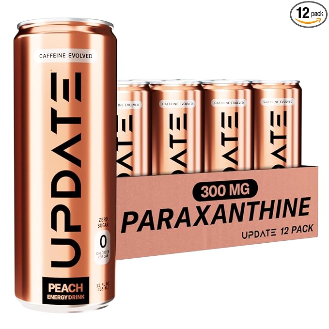 Drink Update Energy Drink with Paraxanthine - Jitter Free, Crash Free, No Overstimulation, No Withdrawal - Caffeine and Sugar Free (Peach, 12 Pack)