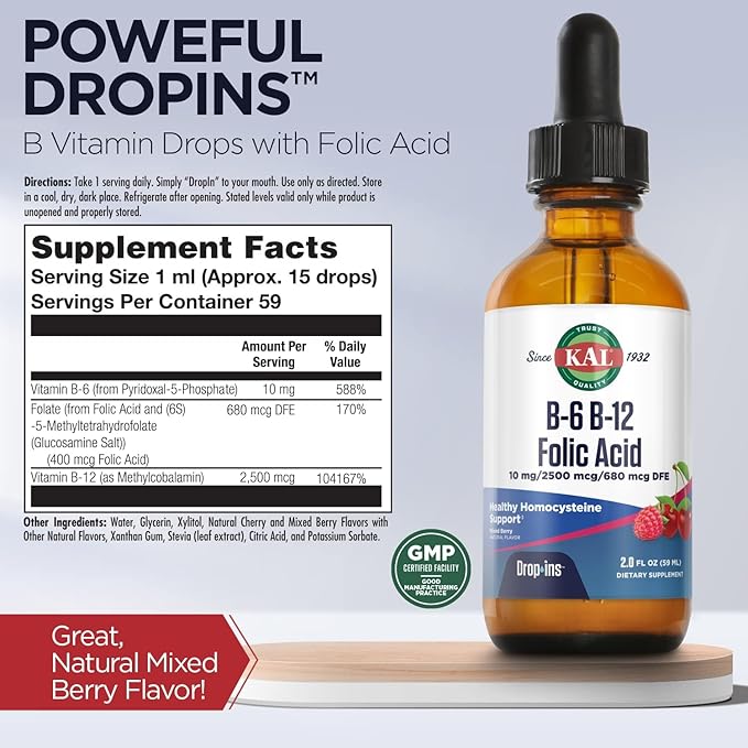 KAL Vitamin B-6 B-12 Folic Acid DropIns, Liquid Vitamin B Supplement Drops, Heart Health, Energy, Red Blood Cell Support with Methyl B12 and Methyl Folate, Natural Mixed Berry Flavor, 59 Servings, 2oz