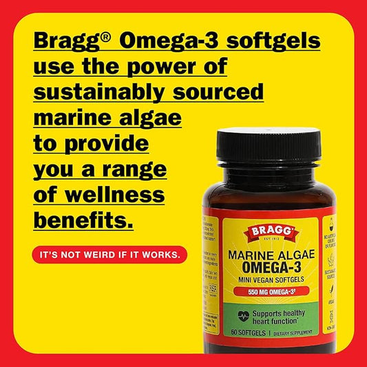 Bragg Omega-3 Supplement Capsules with DHA and EPA - 60 Vegan Softgels - Sustainably-Sourced Marine Algae - Supports Eye and Brain Health