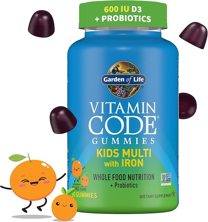 Garden of Life Kids Multivitamin Gummy with Iron + Probiotics for Immune Health & Digestion, Energy & Development, Vitamin Code, Non-GMO, Gluten-Free, 90 Orange Gummies, 30 Day Supply
