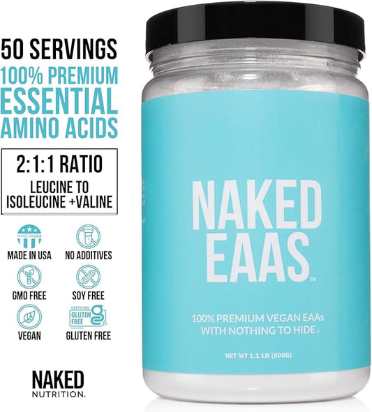NAKED EAAs Amino Acids Powder - 50 Servings - Vegan Unflavored Essential Amino Acids 500 Grams - Instantized All Natural EAAs Powder Supplement