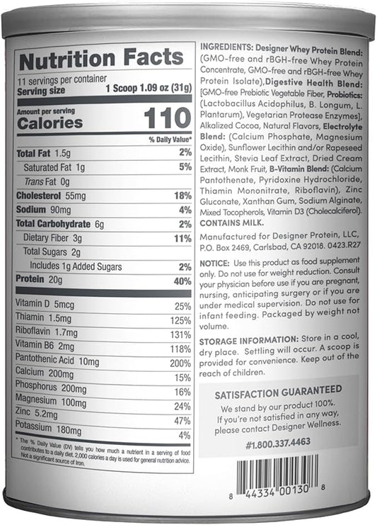 Designer Wellness, Designer Whey, Natural Whey Protein Powder with Probiotics, Fiber, and Key B-Vitamins for Energy, Gluten-Free, Gourmet Chocolate, 12oz