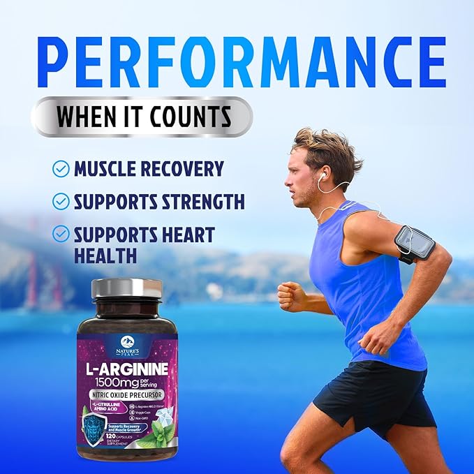 L-Arginine 1000mg Supplement - Heart Health Support - Premium Muscle Supporting Nitric Oxide Precursor Booster for Extra Strength - Gluten Free, Amino Acid Energy Blend For Men & Women - 120 Capsules