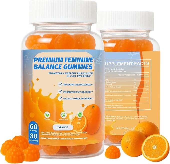 Premium Feminine Balance Gummies – Probiotic for Women’s pH Balance & Odor Control Suppert Vaginal Health,Natural Orange Flavor Vegan, Gluten-Free, 60 Count