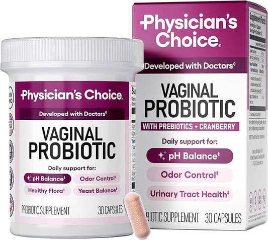 Physician's CHOICE Vaginal Probiotics for Women - pH Balance, Odor Control, Yeast Balance, Vaginal Flora, Moisture, Feminine Health - 6B CFU with Organic Prebiotics and Cranberry Extract - 30 CT