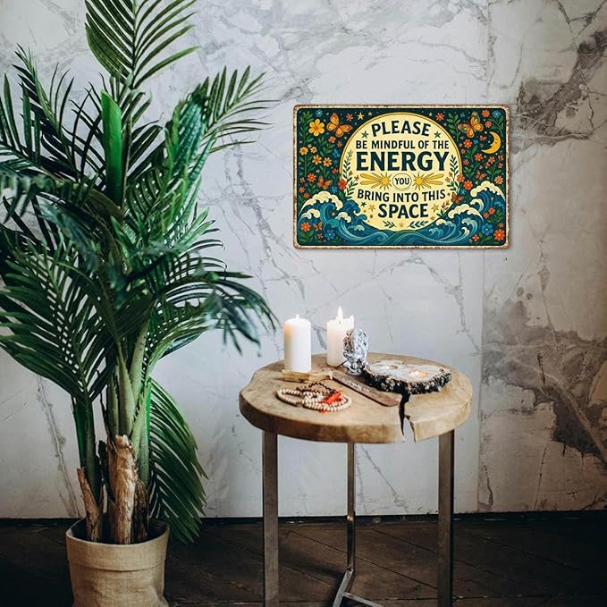 Please Be Mindful of the Energy You Bring Tin Sign – Spiritual Wall Decor for Home, Yoga Room, or Meditation Space – Retro Metal Wall Art Aesthetic, Positive Energy Tin Sign 8x12 Inch