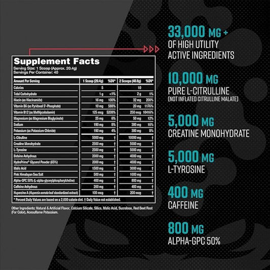 Gorilla Mind Pre Workout - Massive Pumps Laser Focus Energy Power - L-Citrulline, Creatine, L-Tyrosine, Betaine, Hydroprime, Alpha-GPC, 400mg Caffeine, Huperzine A - 792g (Blue Raspberry)