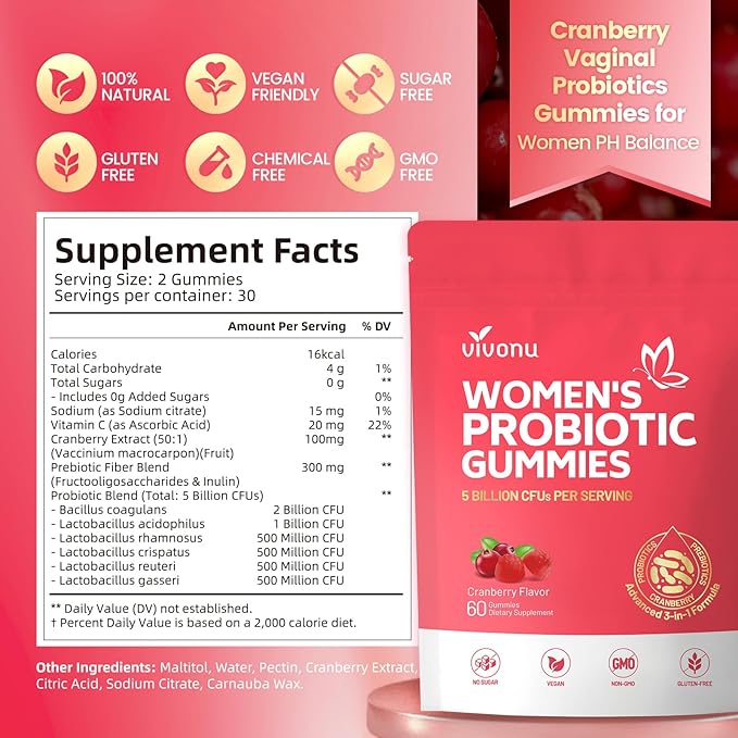 Vaginal Probiotics for Women, Feminine Balance pH Gummies for Healthy Odor, Yeast Balance & Flora + Vitamin C for Immune Support -Cranberry