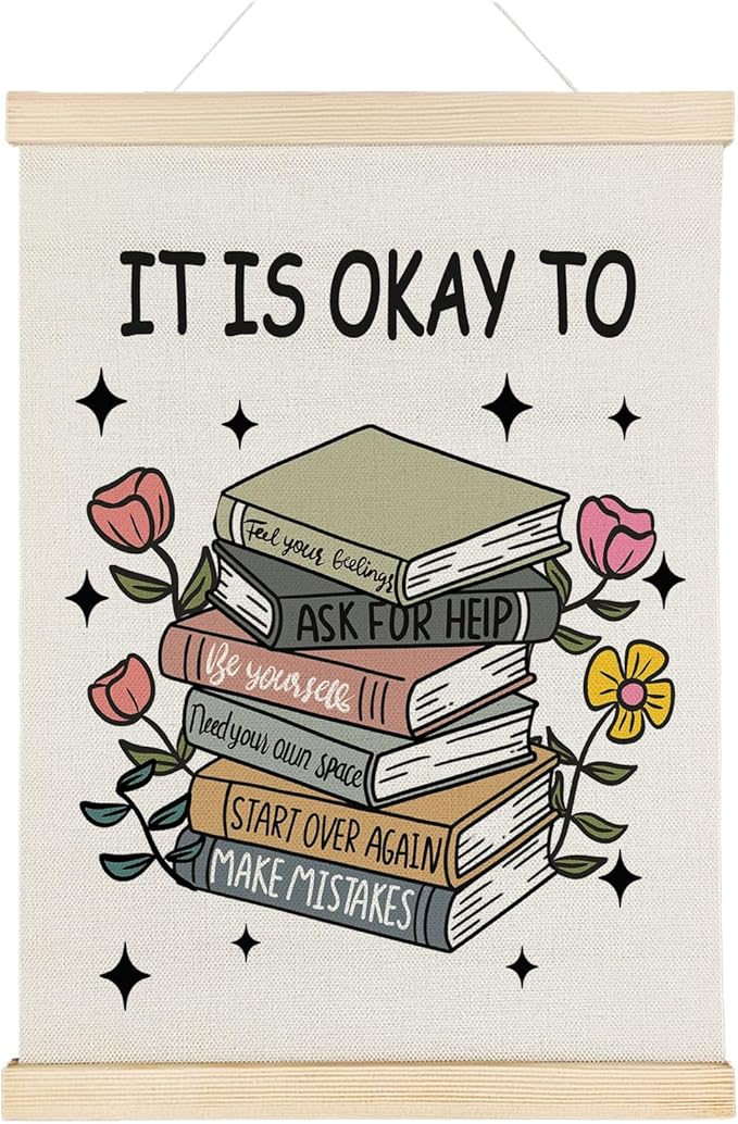 Nrleey It Is Okay to Mental Health Wall Decor with Wooden Poster Hanger - Therapy Office Decor, Inspirational Motivational Wall Art Posters for School Counselor Therapist Office, 12x16 Inch